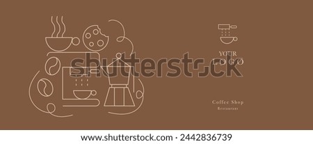 Hand drawn illustration of Bakery and Coffee. Icons. Abstract geometric line background. Gold luxury. Illustration for cover design, food package, menu, background, café wall, coffee shop, web banner.