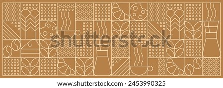 Hand drawn illustration of Bakery and Coffee. Icons. Abstract geometric line background. Gold luxury. Pattern for cover design, food package, menu, background, café wall, coffee shop, web banner