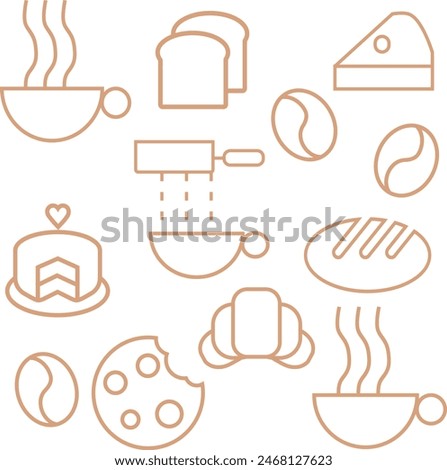 Hand drawn illustration of Bakery and Coffee. Icons. Abstract geometric line background. Gold luxury. Pattern for cover design, food package, menu, background, café wall, coffee shop, web banner