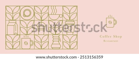 Hand drawn illustration of Bakery and Coffee. Icons. Abstract geometric line background. Gold luxury. Pattern for cover design, food package, menu, background, café wall, coffee shop, web banner