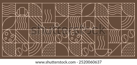 Abstract coffee modern line geometric pattern. Coffee drink design cover or cafe flyer. Coffee bean, cup of coffee, dish, cookie and croissant. Abstract geometric line background. 