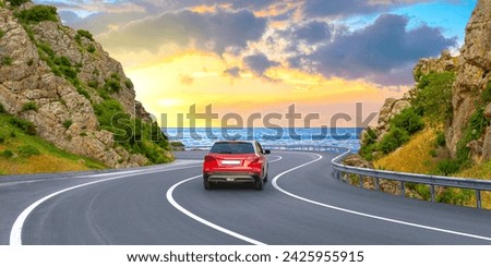 Similar – Image, Stock Photo sunset on the coast of the lake. Natural landscape. reflection, night city illumination, blue sky and yellow sunlight. landscape during sunset.