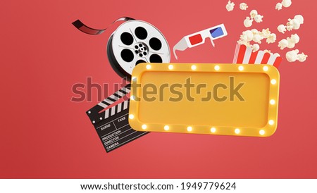 3d render of cinema billboard,popcorn,filmstrip,clapper,tickets,3d glasses