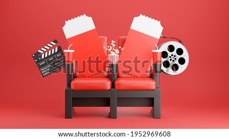 3d render of red cinema chair with popcorn,clapboard,reel