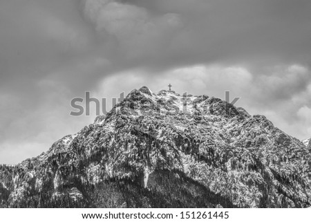 Cross mountain peak in the Carpathian mountains (black and white)
