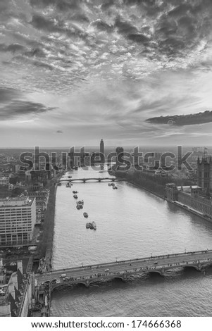 LONDON, GREAT BRITAIN - 18th of January 2014: View from the London eye - London aerial photo on 18th of January 2014 in LONDON, GREAT BRITAIN (black and white)
