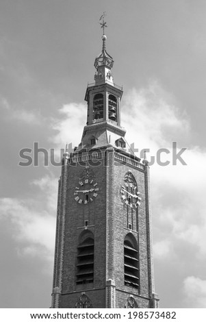 HAGUE, THE NETHERLANDS - 14th of June 2014: Grote of Sint-Jacobskerk (Big church) tower on  14th of June 2014 HAGUE, THE NETHERLANDS (black and white)