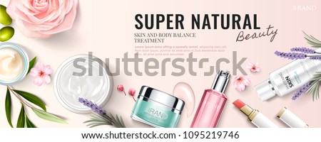 Top view of cosmetic products with ingredient plants in 3d illustration, light pink backgorund Stock foto © 