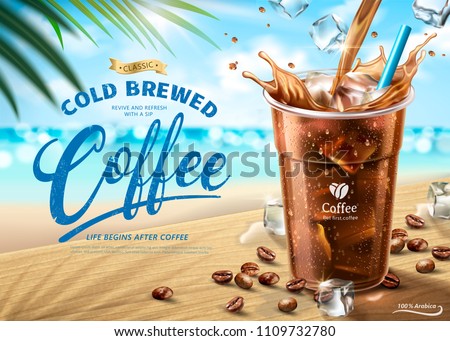 Cold brewed coffee ads on hot summer beach scene in 3d illustration