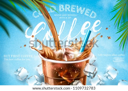 Cold brewed coffee pouring down from top into takeaway cup with ice cubes on light blue background in 3d illustration