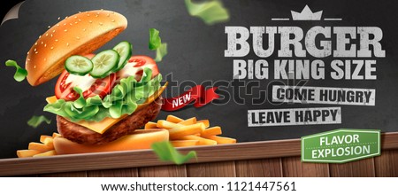 Deluxe king size burger ads with tasty toppings on blackboard background in 3d illustration