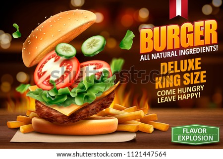Deluxe king size burger ads with tasty toppings on bokeh background in 3d illustration, fire effect behind the meal