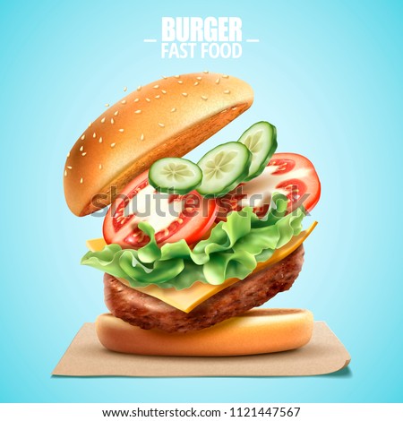 Deluxe king size burger with tasty toppings in 3d illustration, fast food design element on blue background