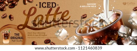 Iced latte banner with milk pouring into takeaway cup on kraft paper with latte calligraphy, 3d illustration