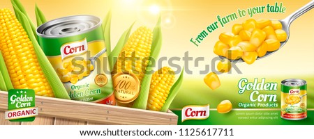 Organic canned corn ads with a spoon of maize kernels and tin can on bokeh field background in 3d illustration