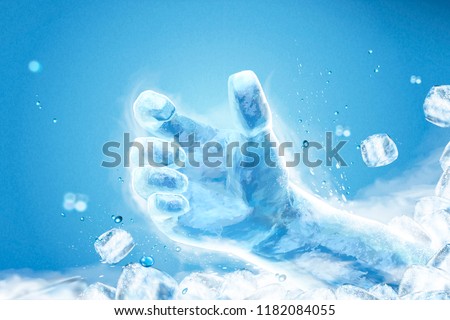 Ice grabbing hand with flying ice cubes on blue background in 3d illustration