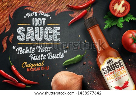 Hot sauce ads laying on chalkboard with fresh ingredients, top view 3d illustration