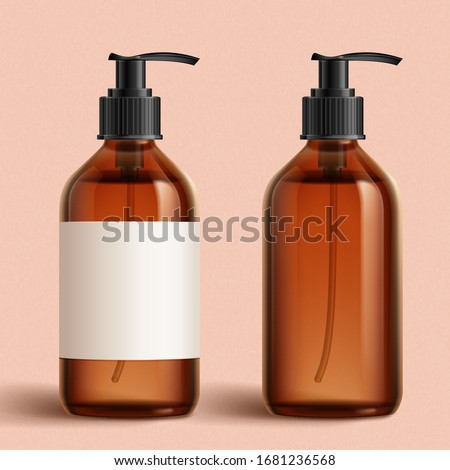 Realistic brown cosmetic bottles on peach pink background, one with white blank label and one without, 3d illustration