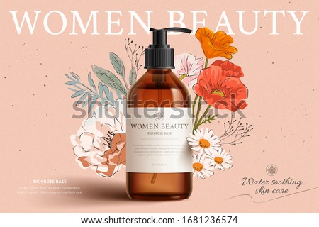 Fragrant cleansing product mock-up on elegant floral hand-drawn background, 3d illustration