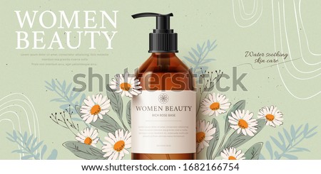 Banner ad for herbal cleansing product mock-up, with romantic hand-drawn chamomile and leaves on tea green background, 3d illustration