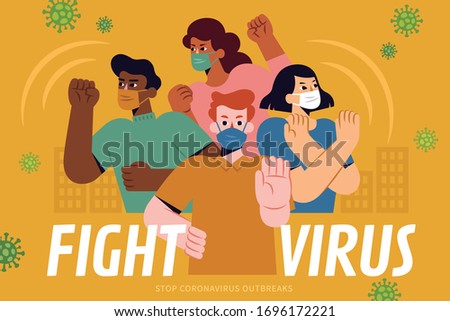 Concept of global cooperation to fight against COVID-19, with 4 brave young man of multi ethnic wearing face masks and saying no to coronavirus