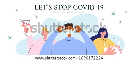 Self-protection against COVID-19 banner, including wearing face masks, washing hands and using disinfectant spray