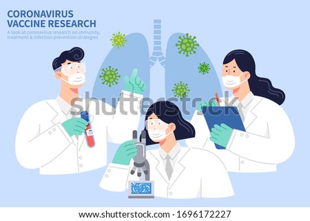 COVID-19 vaccine research concept in flat style, with one researcher holding test tube, one observing with microscope, and another keeping records to study the virus