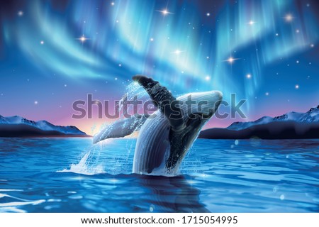Humpback whale breaching water with breathtaking aurora shimmering on dreamy starry background, 3d illustration