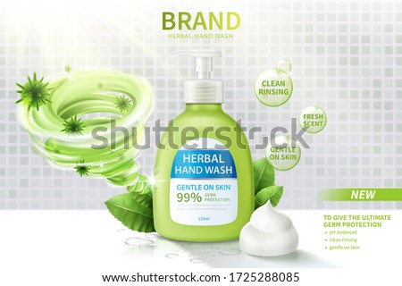 Ad template of hand wash, realistic dispenser bottle decorated with disinfecting vortex, herbal leaves and creamy lather, 3d illustration