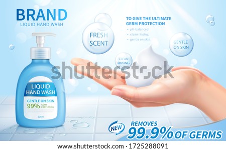 Ad template of liquid hand wash, realistic female hand in open palm gesture with creamy lather, 3d illustration