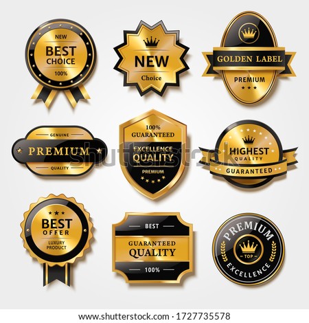 Useful collection of badges and labels in metal texture design, for premium product packaging, isolated on white background