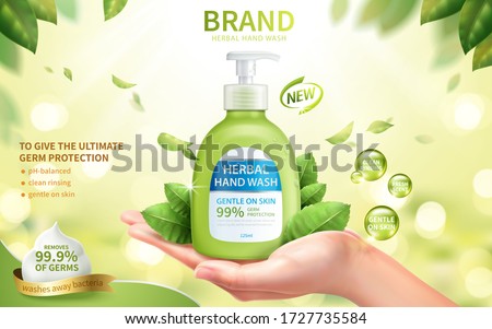 Ad template of fresh herbal hand wash, realistic female hand in open palm gesture with dispenser bottle, 3d illustration