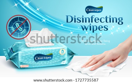 Ad template or package design for cleaning wipes, female hand using wet wipe to clean the table, 3d illustration