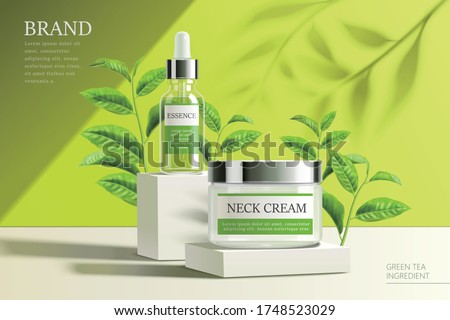 Ad template for face essence, serum, lotion and cream, realistic products displayed on pedestals with green tea seedlings, 3d illustration