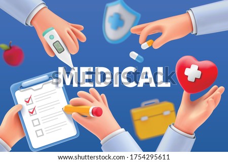 Cartoon doctor hands with apple, heart shape, and other medical devices, concept of health care service, 3D illustration