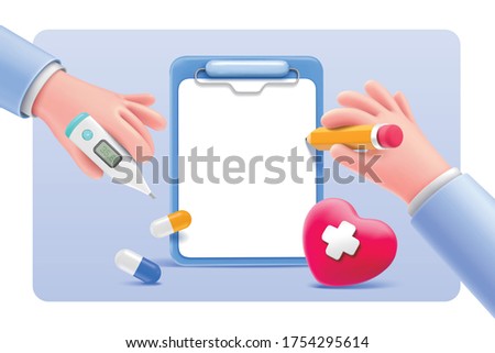 Cartoon doctor hands with medical items, concept of health care service, 3D illustration