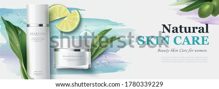 Ad banner for natural beauty products, skincare mock-ups decorated with watercolor strokes and organic ingredients, 3d illustration