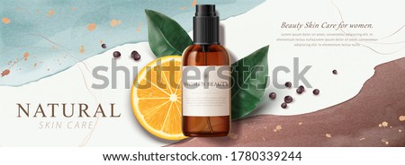 Ad banner for natural beauty products, skincare mock-ups decorated with watercolor strokes, gold foil texture, and sliced lemon, 3d illustration
