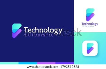 Letter F logo set with double triangle gradient design, concept of 5G, future and forward
