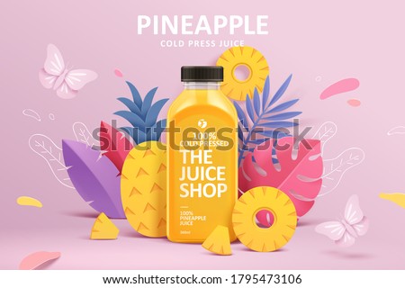 Cold-pressed pineapple juice ad template in colorful paper cut design, concept of natural garden or farm, 3d illustration