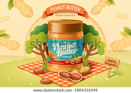 Peanut butter spread product on a picnic plaid in the park with peanut in shell  in 3d illustration
