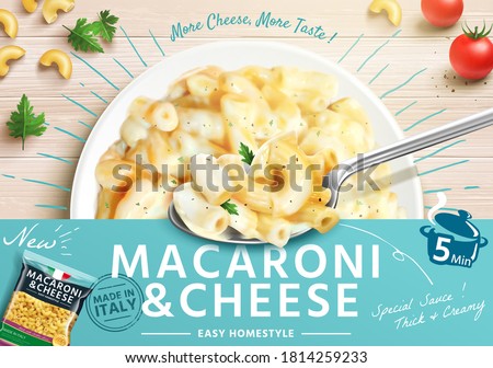 Delicious macaroni ads with cheese in 3d illustration, spoon with macaroni and cheese over a plate on wooden table