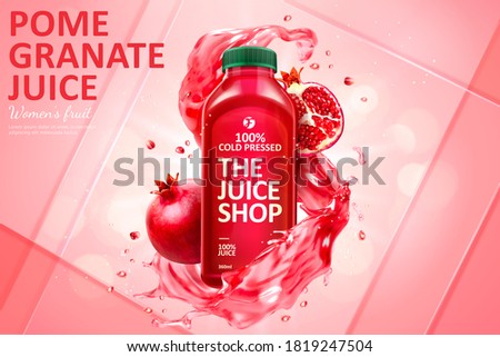 Pomegranate juice ad in 3d illustration, with bottle mockup surrounded by water splash and fresh fruit