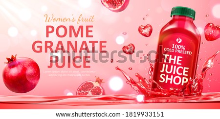 Pomegranate juice ad in 3d illustration, with bottle mockup dropped into juice with heart-shaped water splash
