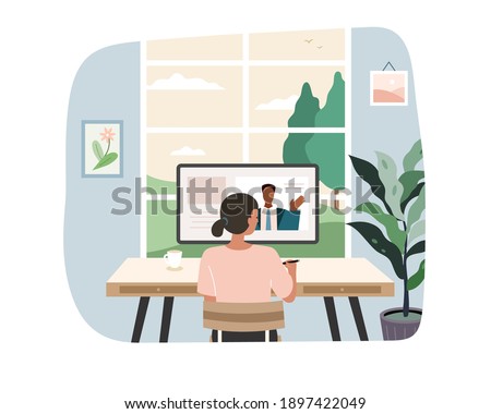 Black woman having online meeting with colleague at home office. Flat illustration, concept of video conferencing, work from home and freelancing.