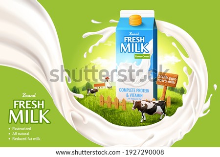 3d milk ad template for product display. Milk pack mock-up on a farm island surrounded by white splashing liquid.