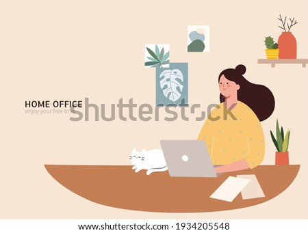 Young woman working on laptop while sitting at the desk with a pet cat, and decor element on wall behind, isometric 3d flat design of woman working at home office