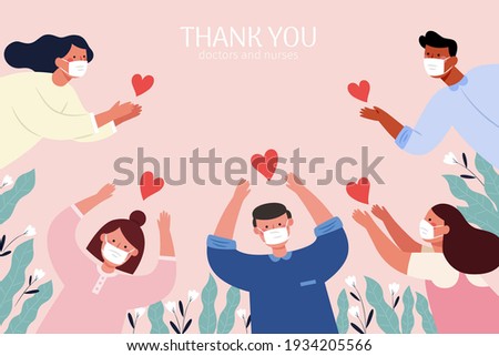 Thank you hero illustration in flat design. People with face masks sending gratitude to all the workers who work on the front lines during covid pandemic.
