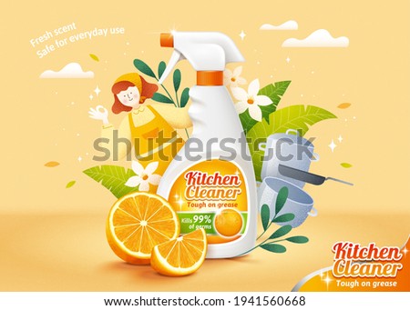 Natural citrus kitchen cleaner ad template design. Realistic spray bottle mock up and fresh orange slices with hand drawn illustrations of housemaid, flowers and kitchen utensils.