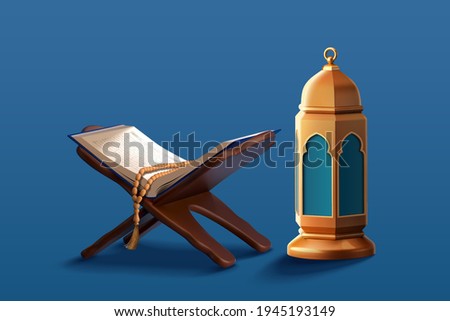 3d religion element collection of Islamic lantern fanoos and the holy Quran set on book holder with rosary. Suitable for Ramadan or Eid al Adha decoration.